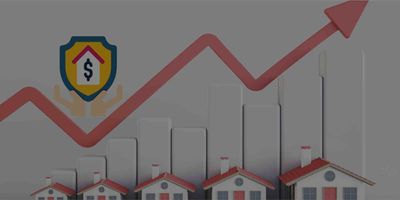 Little Scottsdale homes with a red arrow up and an icon showing a dollar sign in a house depicting rising homeowner's insurance.